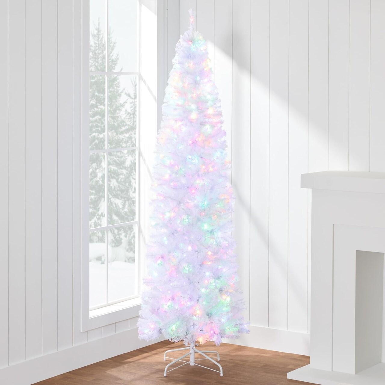 Pencil Artificial Christmas Tree with 300 2-in-1 White LED Lights & Sturdy Metal Base